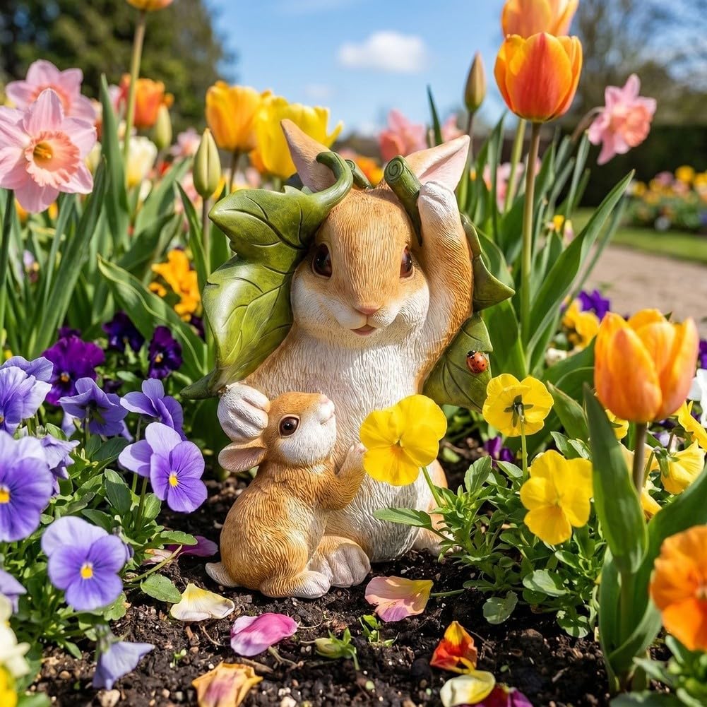 Statua per solare Coniglio Mamma e per piccolo Resina per giardino