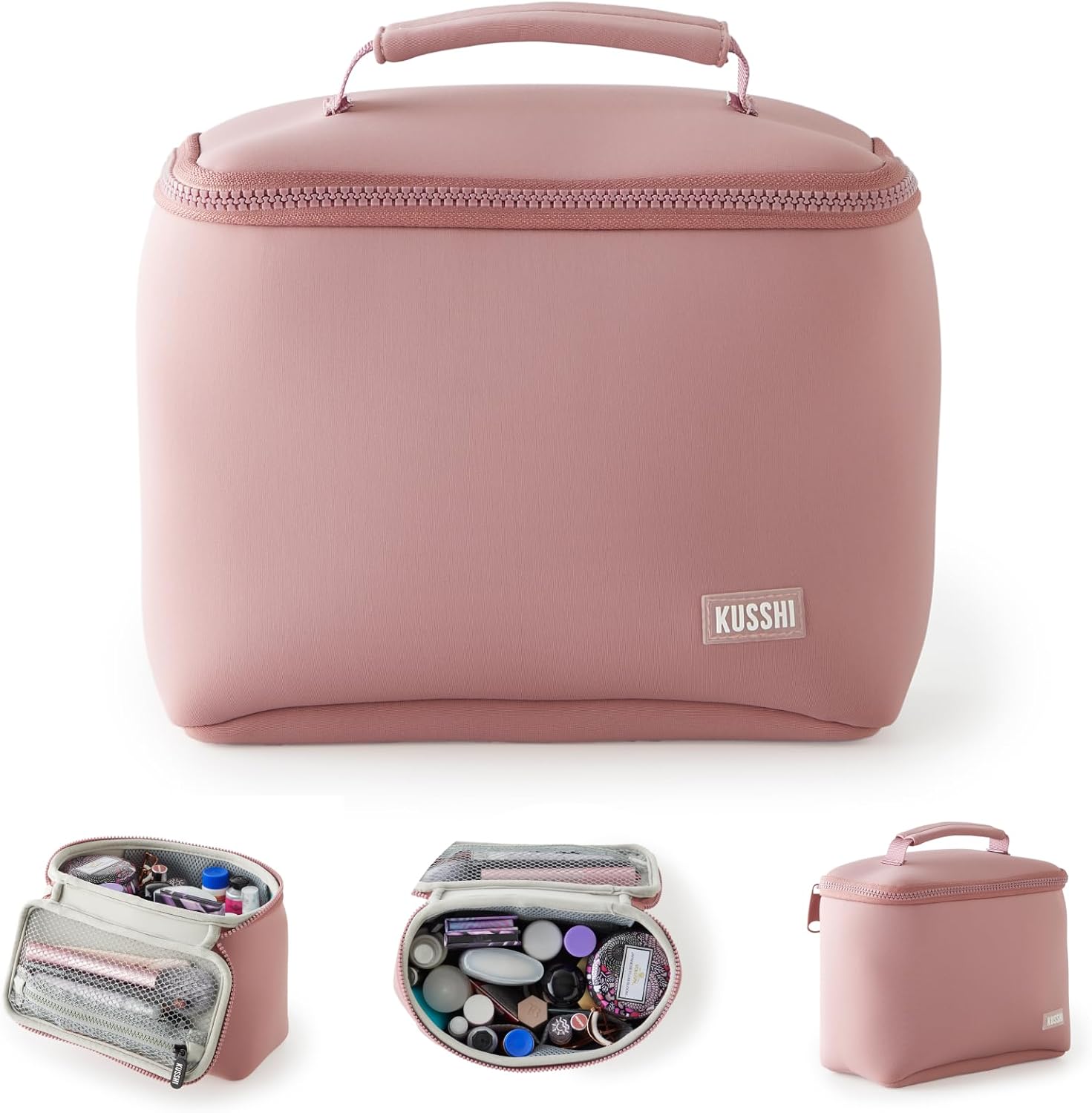 KUSSHI Neoprene Train Case Makeup Bag - Washable Makeup Travel Bag & Vanity Case for Stress Free Travel (Small, Mauve/Stone)