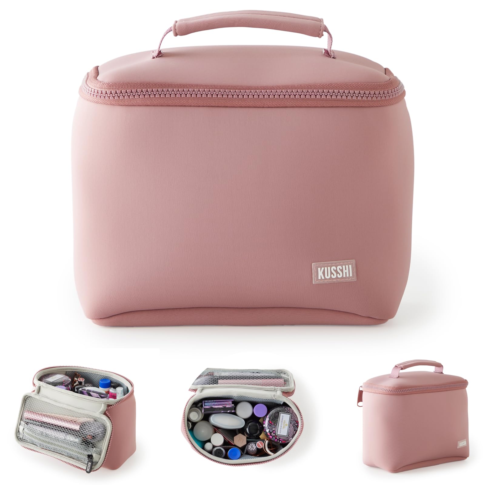 KUSSHI Neoprene Train Case Makeup Bag - Washable Makeup Travel Bag & Vanity Case for Stress Free Travel (Small, Mauve/Stone)