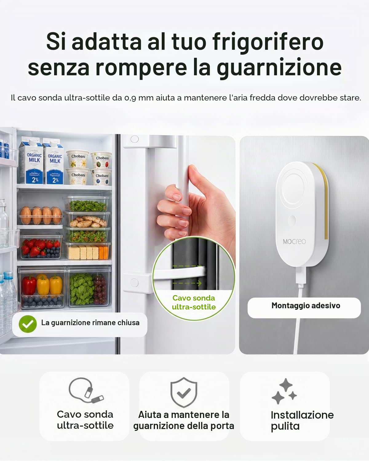 MOCREO Termometro WiFi per frigorifero con allarme congelatore, avviso e-mail, notifica app, esportazione di registrazione dati, senza costi di abbonamento, 2 sensori di temperatura remoti per cucina