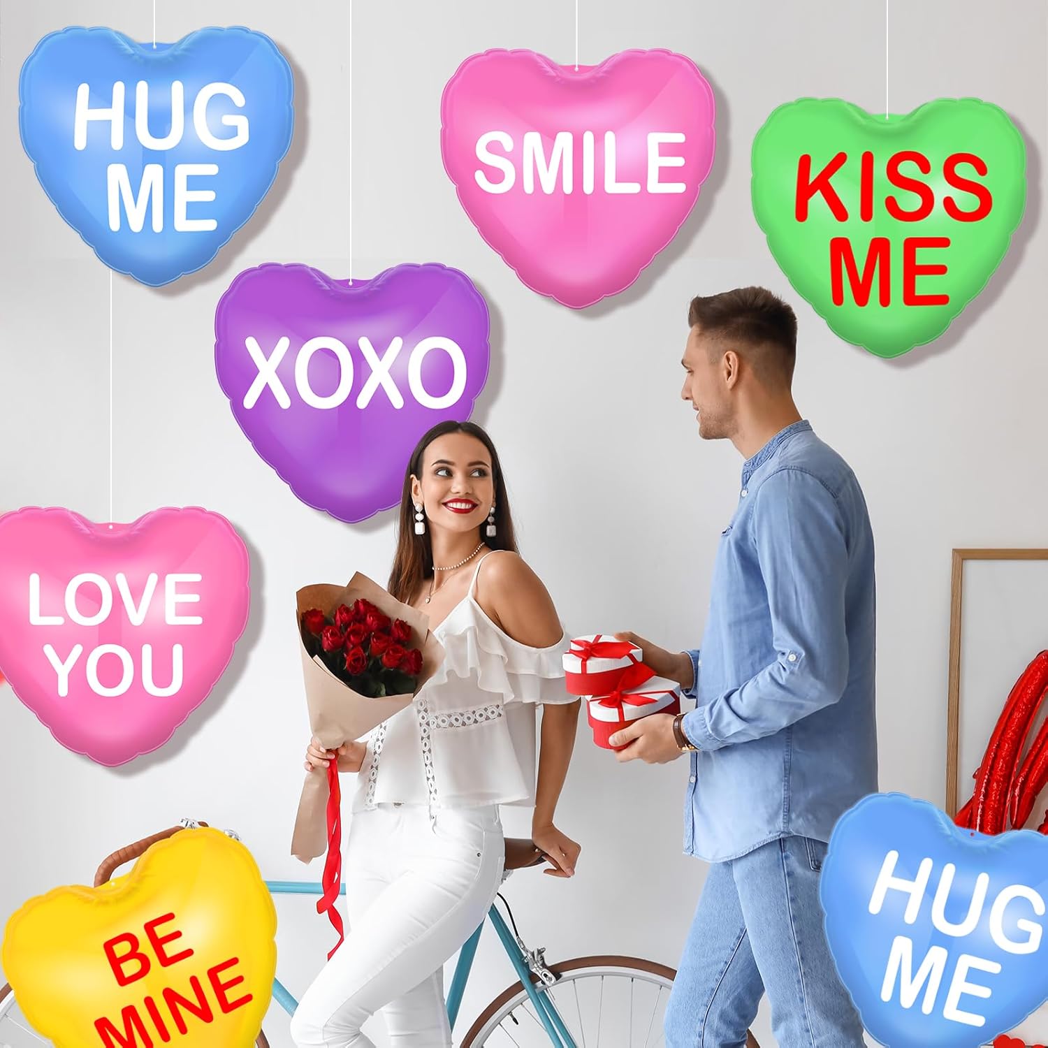 18 Pcs Valentines Day Inflatable Conversation Hearts Outdoor Decorations, Valentine Blow Up Yard Decorations, Inflatable Hanging Ornaments for Valentines Day Wedding Anniversary Yard Garden, Colorful