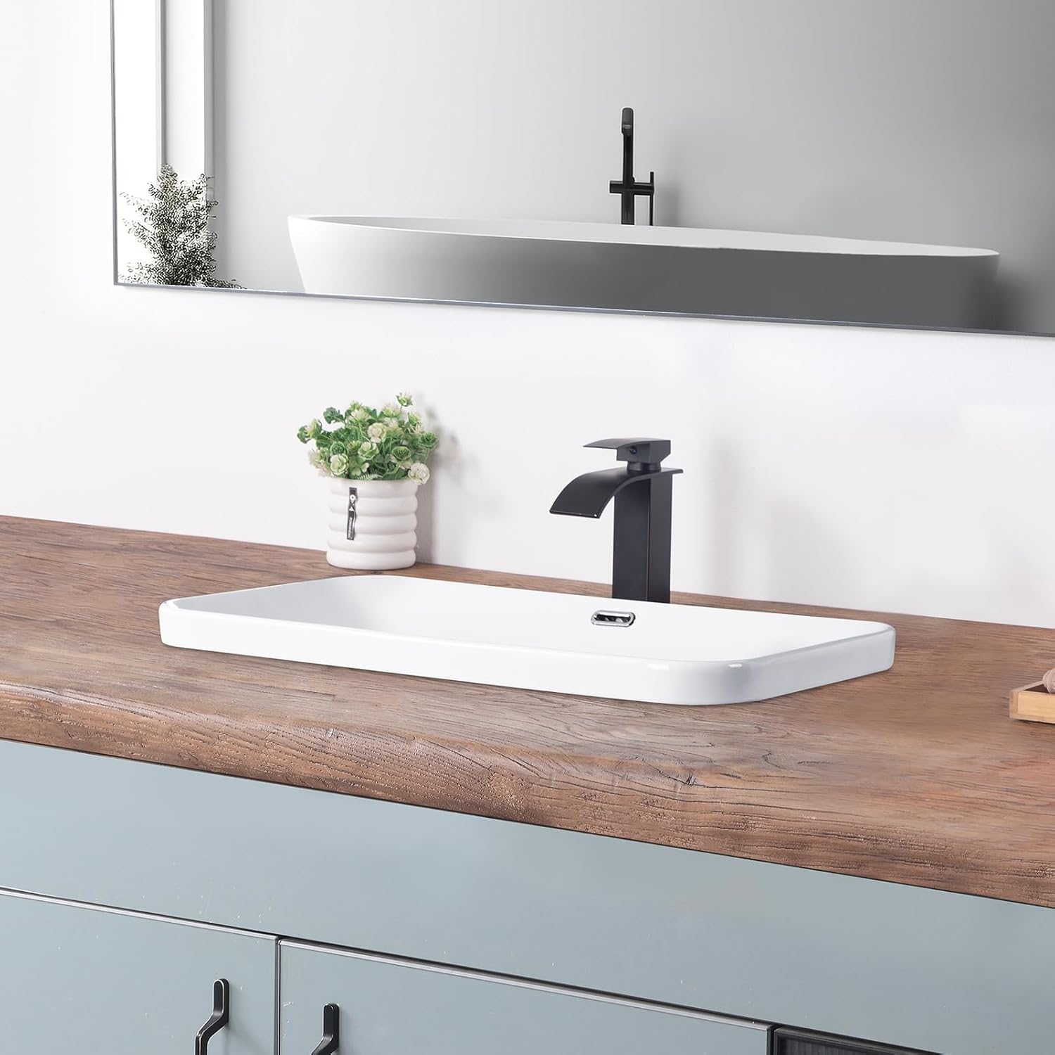 Bathroom Vessel Sink 27.3" X 15.5" Semi Recessed Bathroom Sink Rectangular Drop In Bathroom Sinks with Overflow White Ceramic Vessel Sinks for Bathroom Modern Above Counter Basin Vanity Sink