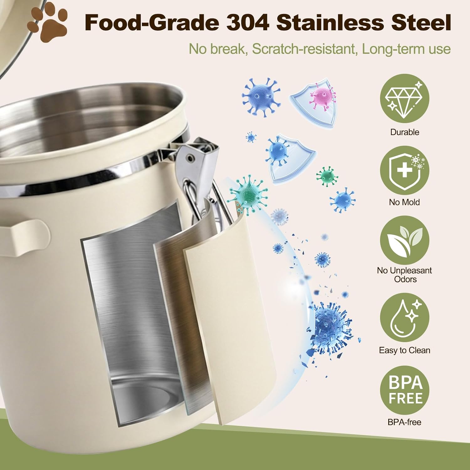 Dog Treat Container Airtight, 1.3 Qt 304 Stainless Steel Dog Treat Jar & Pet Treat Canister with Scoop, Date Dial, Locking Clamp, Silicone Seal for Dog Biscuits, Cookies, Training Snacks