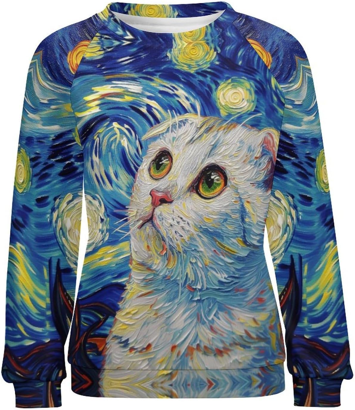 Womens Sweatshirt Oilpainting Cat Print Fall Oversized Cotton Holiday Casual Fashion Warm Crewneck Sweaters - Image 4