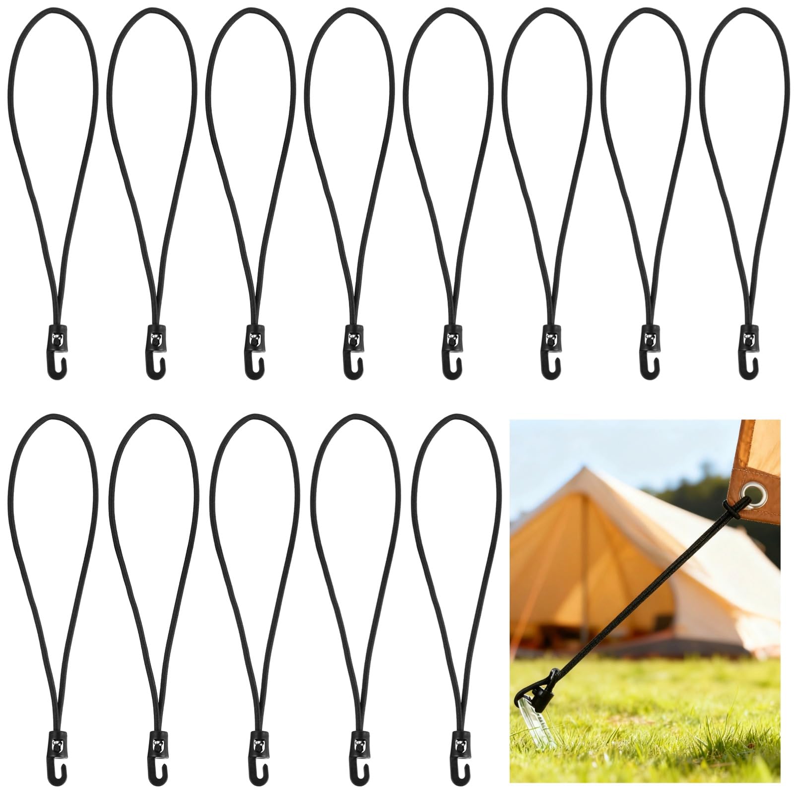 Lot de 50 Cordons Bungee Courts avec Crochet, Sangles de Fixation élastiques de 10 in, Bungee pour canopée de Tente, Fixation de tarp extérieur, Corde Haute élasticité pour arrimage Stable