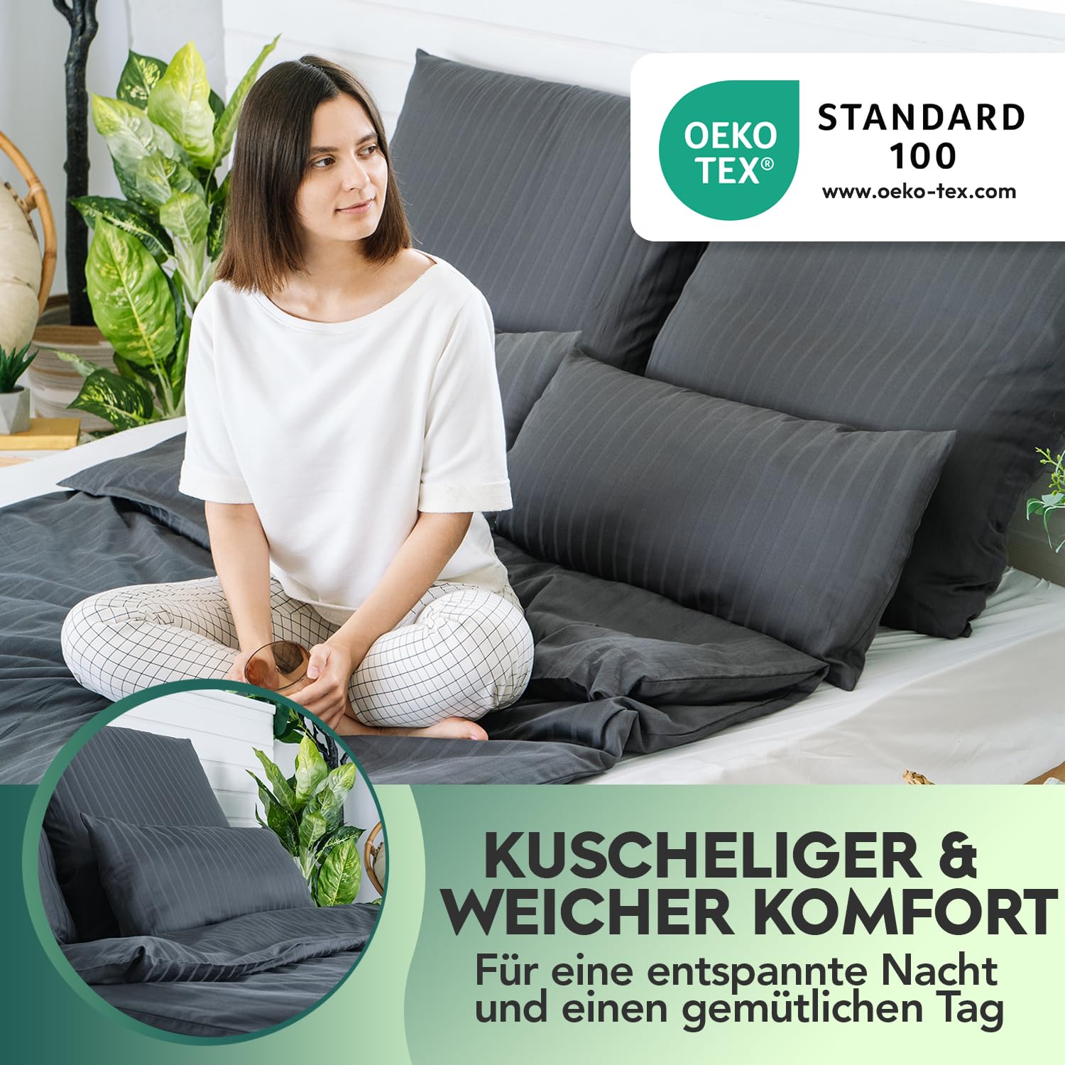 slummer Mako Satin Bettwäsche 135x200 Baumwolle Set - Damast Bettwäsche-Set | 2teilig mit Kissenbezug 80x80 - Bettbezug Baumwoll Anthrazit Grau Reißverschluss Hotelbettwäsche