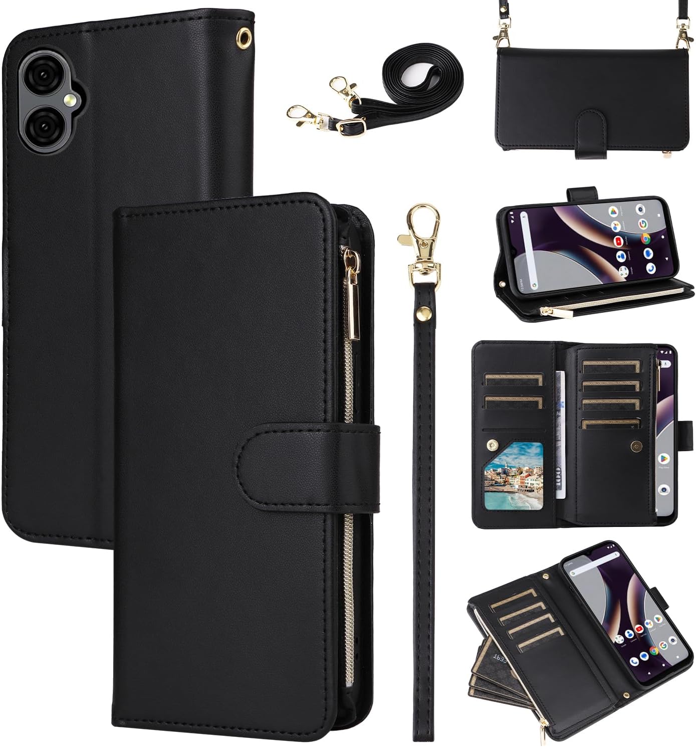 Wallet Case for BLU G53 with Wrist Strap Crossbody Shoulder Strap Luxury PU Leather Flip Zipper Purse Card Holder Slots Protector Stand Cell Accessories Phone Cover Blue G 53 6.5 Girls Pink