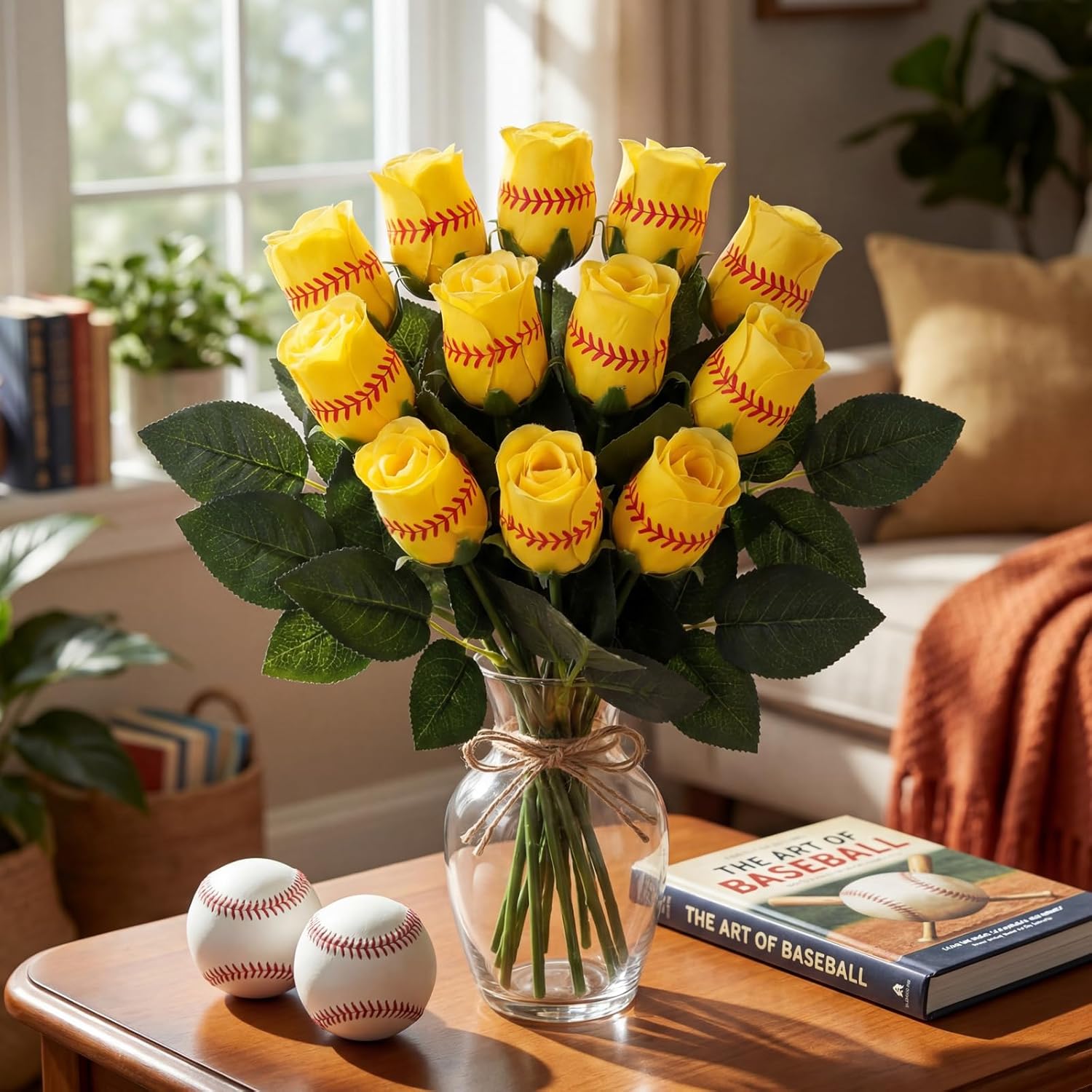 Hotop 12 Pcs Softball Roses with Leaves Artificial Yellow Rose Bouquet for Softball Team Senior Fans Coach Gift Sports Theme Graduation Wedding Party Decoration