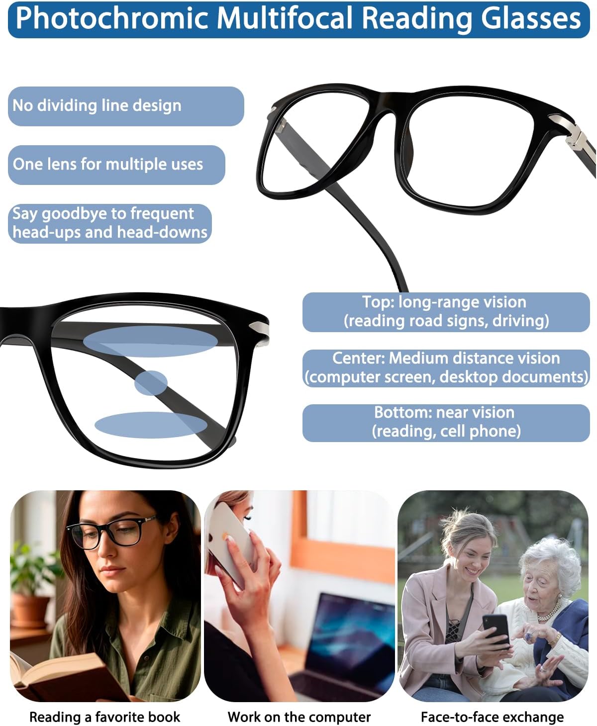 Progressive Multifocal Reading Glasses Photochromic Transition Anti Blue Light UV400 TR90 Indoor Outdoor
