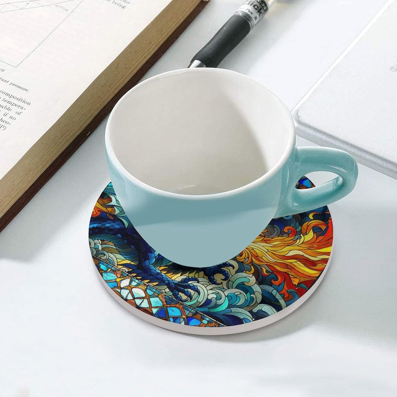 Dragon Drink Coasters, Round Ceramic Drink Coaster Round-6PCS, Medieval Magic Fantasy Animal Mythical Dragon Flame Decor Absorbent Ceramic Coasters for Beverage Cup, Bar, Coffee Table