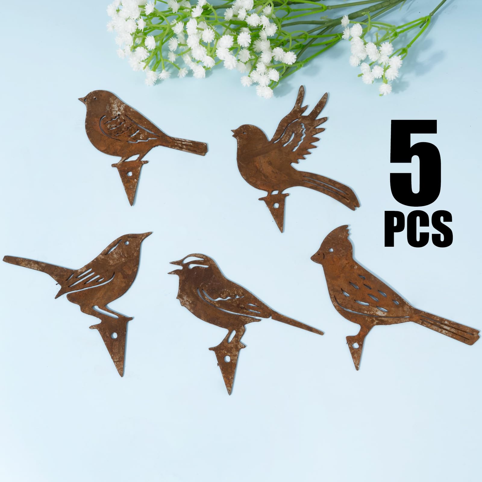BOFUNX 5pcs Decoración De Jardín En Forma De Pájaros De Metal Hierro Oxidado Figuras Aves Oxidadas