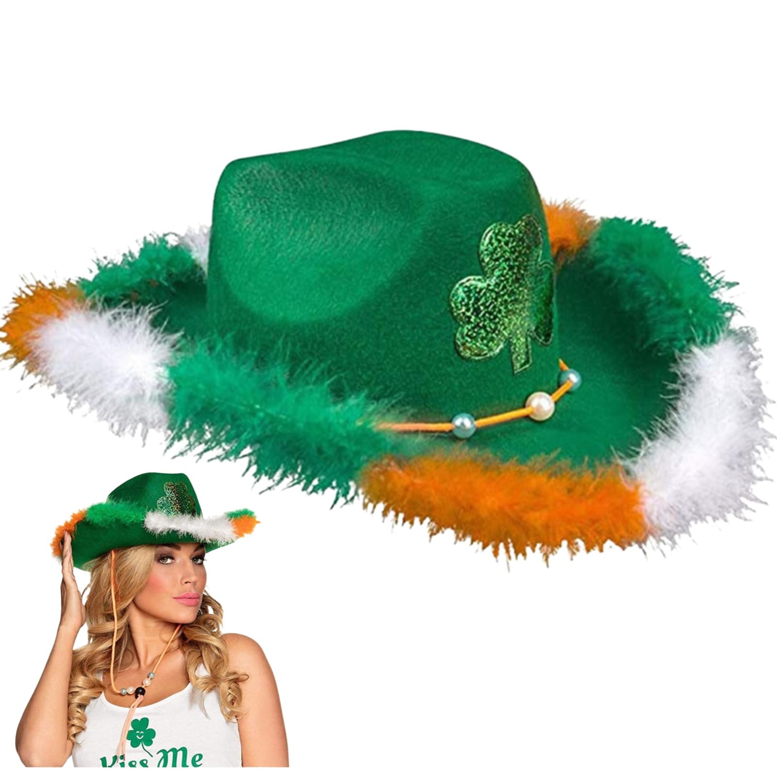 St. Patrick’s Day Cowboy Hat for Women UK Green Cowboy Hat Irish Hats with Feather Trim Ladies Glitter Headwear St. Patrick’s Day Accessories for Fancy Dress Carnival Party One Size