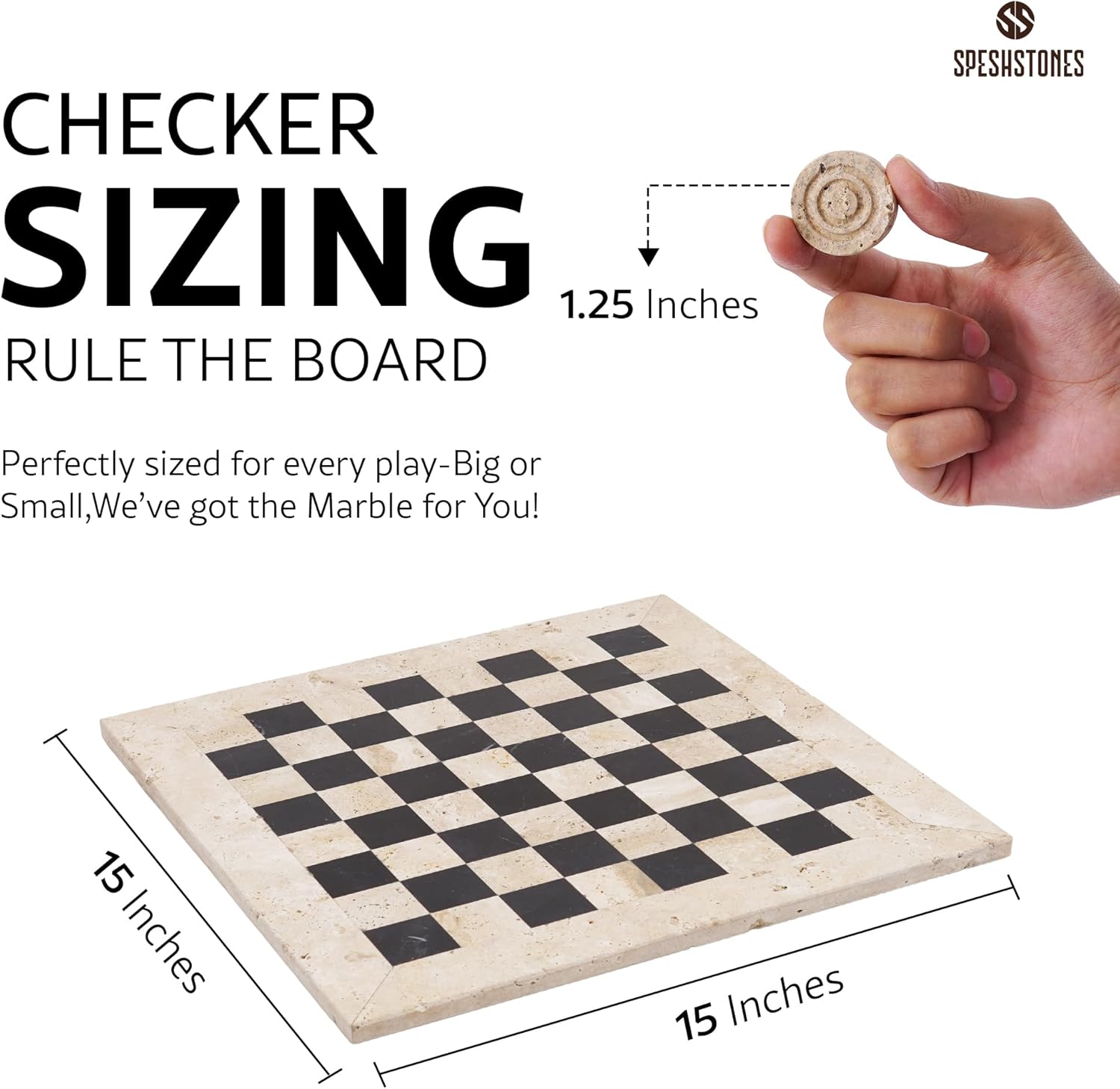 Marble Checkers Set 15 Inch Handmade Travertine & Black Checkers Board Game with Checker Pieces - Board Games for Adults, Game Table Accessories, Gifts & Home Décor