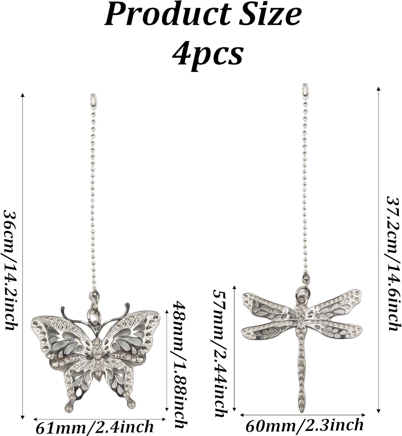 4PCS 14 Inch Ceiling Fan Pull Chains Extender, Dragonfly and Butterfly Pendant Pull Chain Extension, Decorative Silver Beaded Ball Chain Set for Fans Ceiling Lights Lamp - Image 2