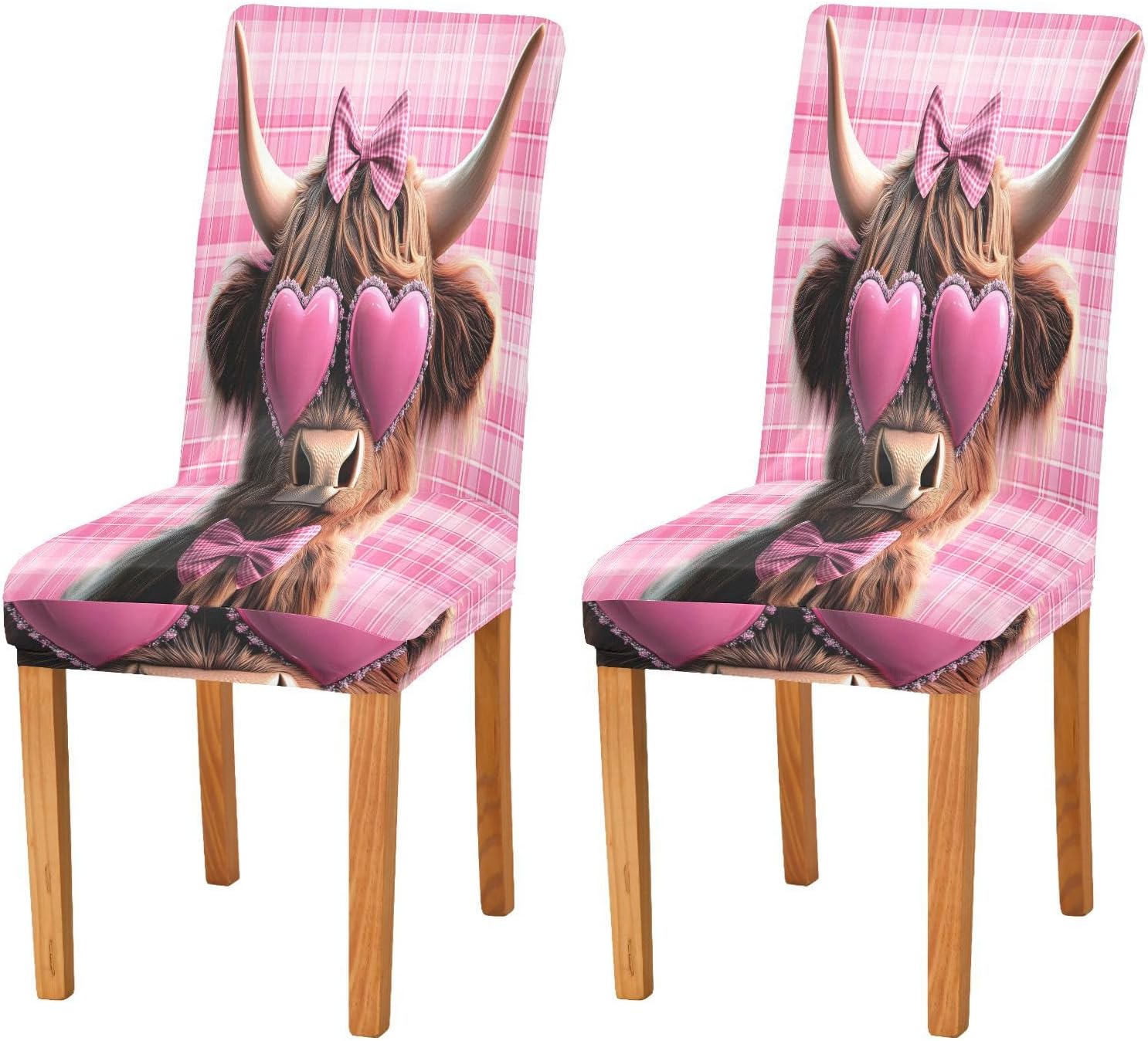 ALAZA Chair Covers for Dining Room, Pink Bows Highland Cow Stretch Chair Cover Sets Chair Protector Removable Washable for Ktichen Restaurant Hotel