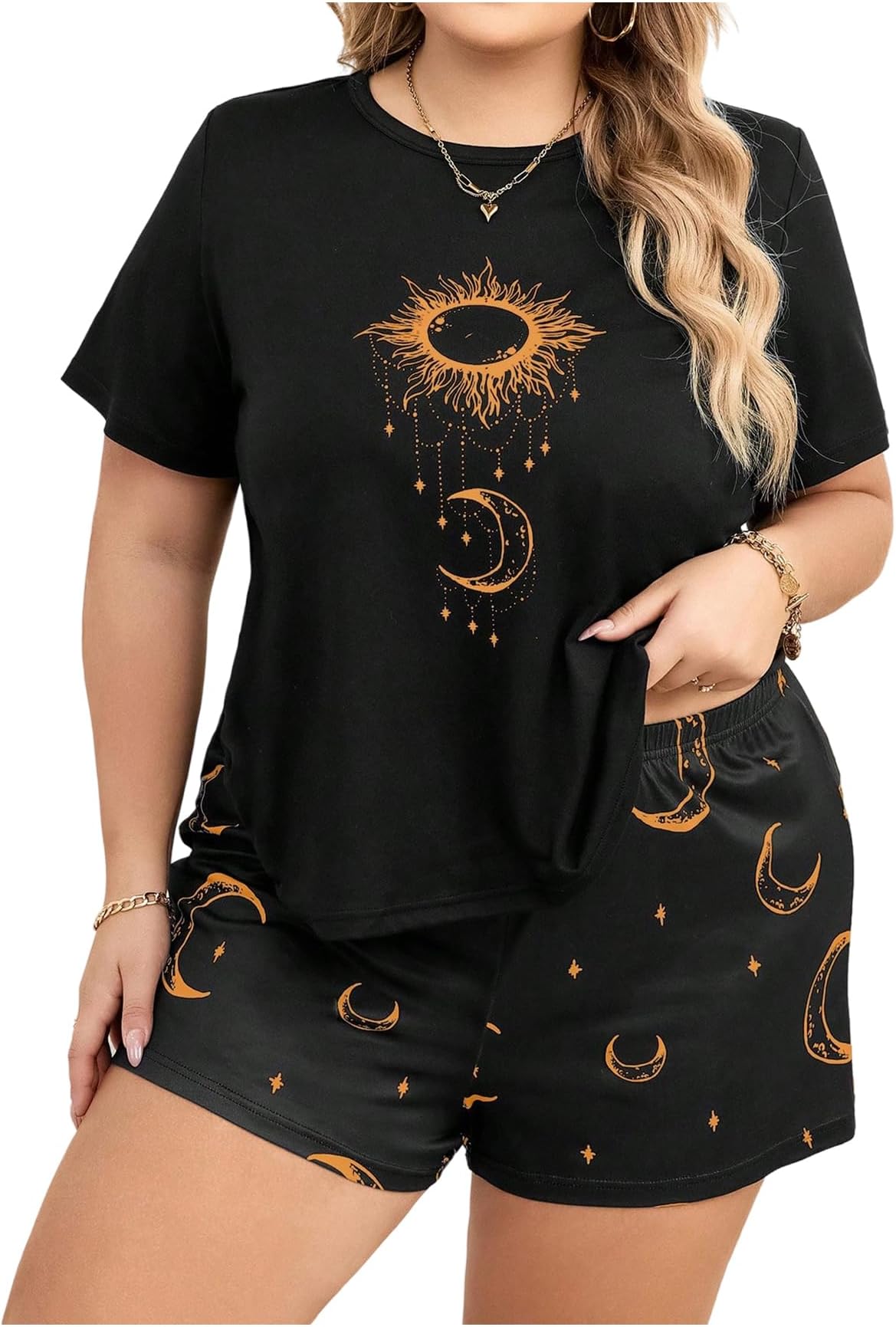 Women's Plus Size 2 Piece Pajama Set Sun Moon Print Crew Neck Short Sleeve Tee and Shorts Sleepwear