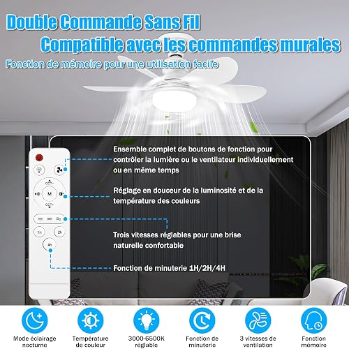 BuzzoXerex Ceiling Fan with Light and Remote Control, 40 W, Dimmable LED Ceiling Fan with E27 Socket, Chandelier, Ceiling Fan for Bedroom, Living Room, 6 Blades, 3 Speeds - 6