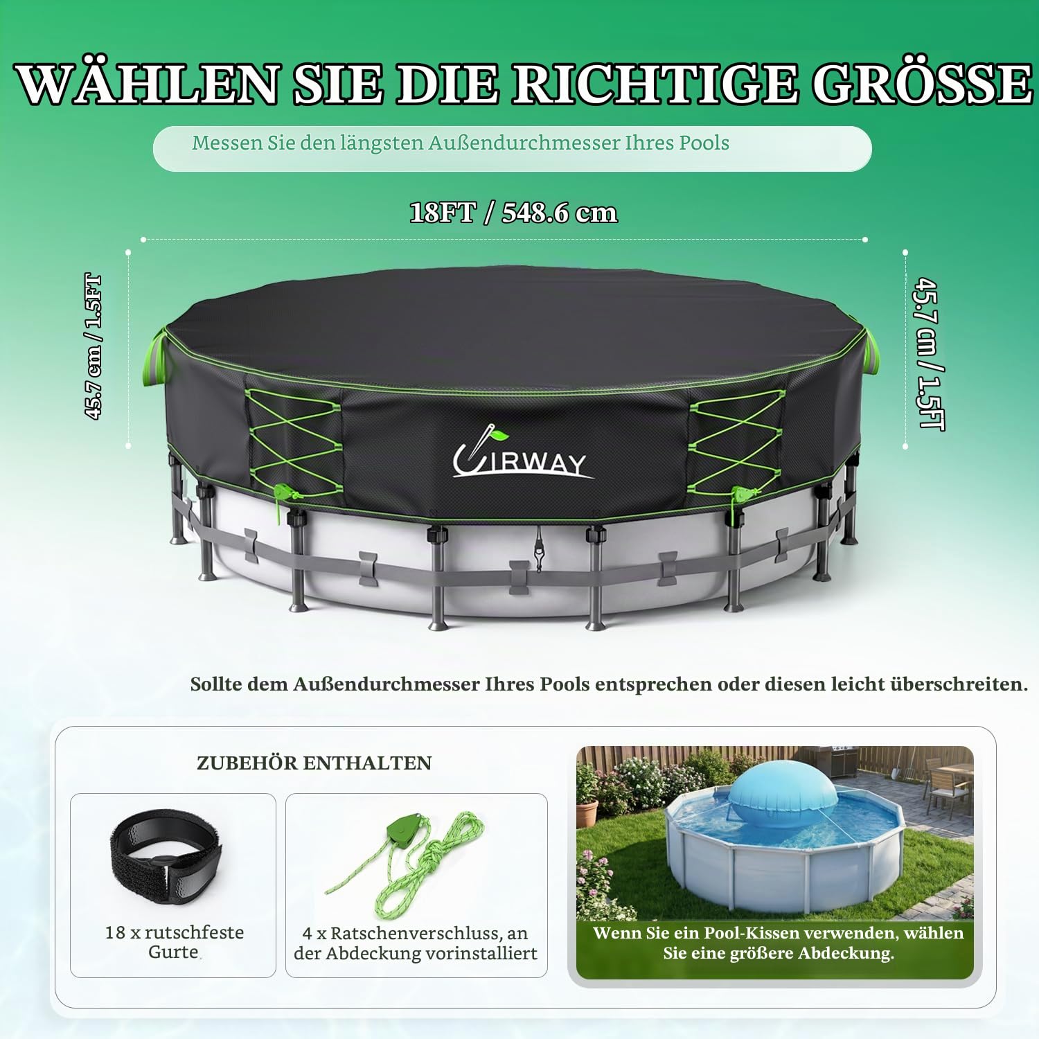 UIRWAY Poolabdeckung Rund 549 cm, Robust & reißfest 600D Oxford Gewebe Pool abdeckplane Winddicht mit Kordelzug mit Ratschen-Arretierung und rutschfesten Riemen, UV-Schutz