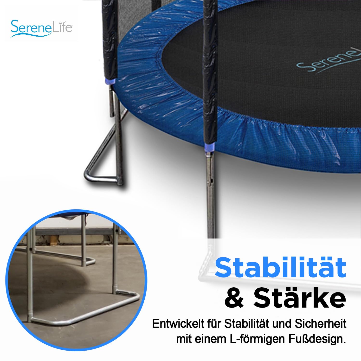 SereneLife Trampolin Outdoor Kinder – Ø 244/305/366 cm, ASTM-Zertifiziert Mit Sicherheitsnetz & Randabdeckung, wetterfestes Gartentrampolin, stabile L-Form Füße