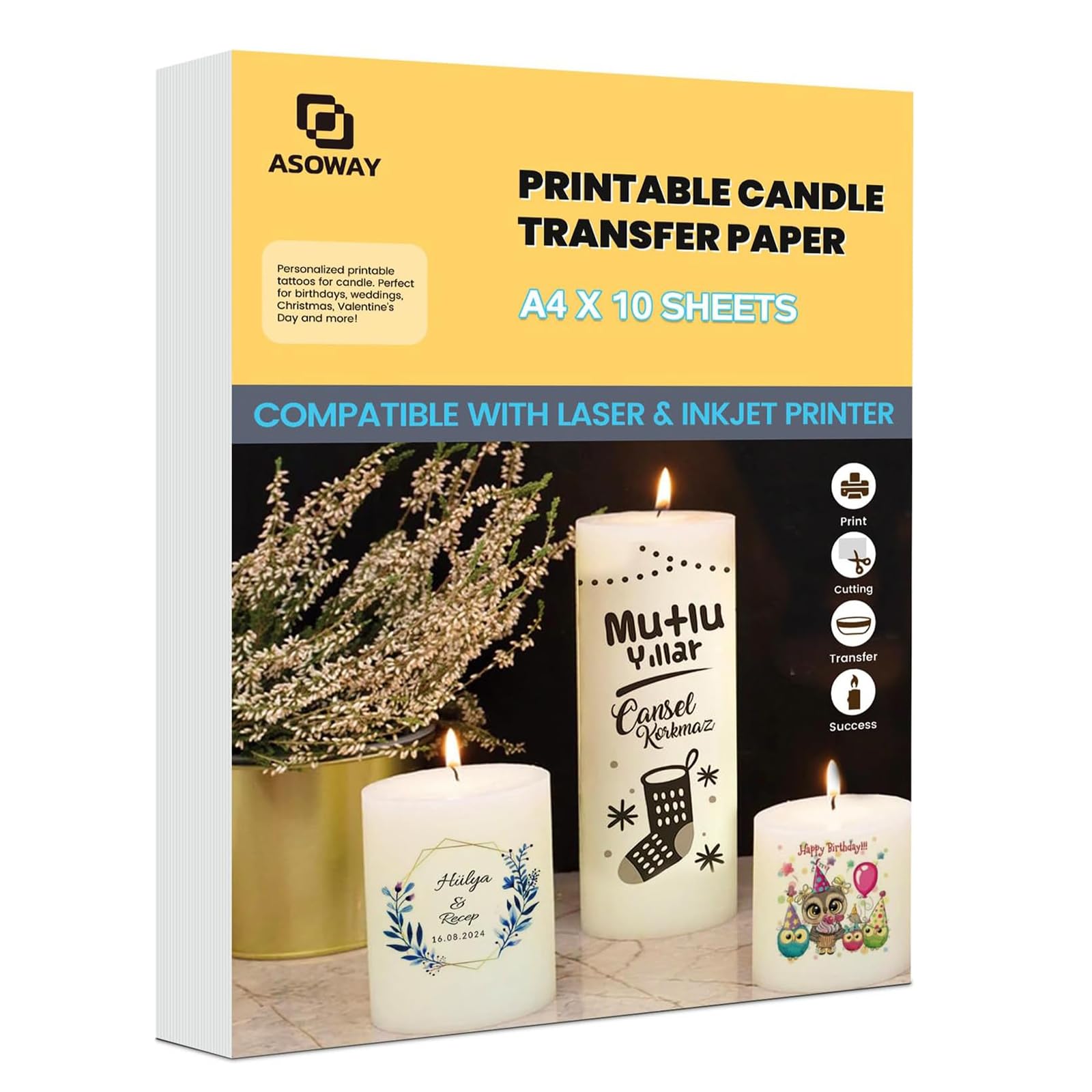 Pellicola di trasferimento per Candele stampabile Laser/stampanti a Getto d'inchiostro, Tatuaggi per Candele, Pellicola di trasferimento per Decorare Candele di Nozze, Candele di Battesimo