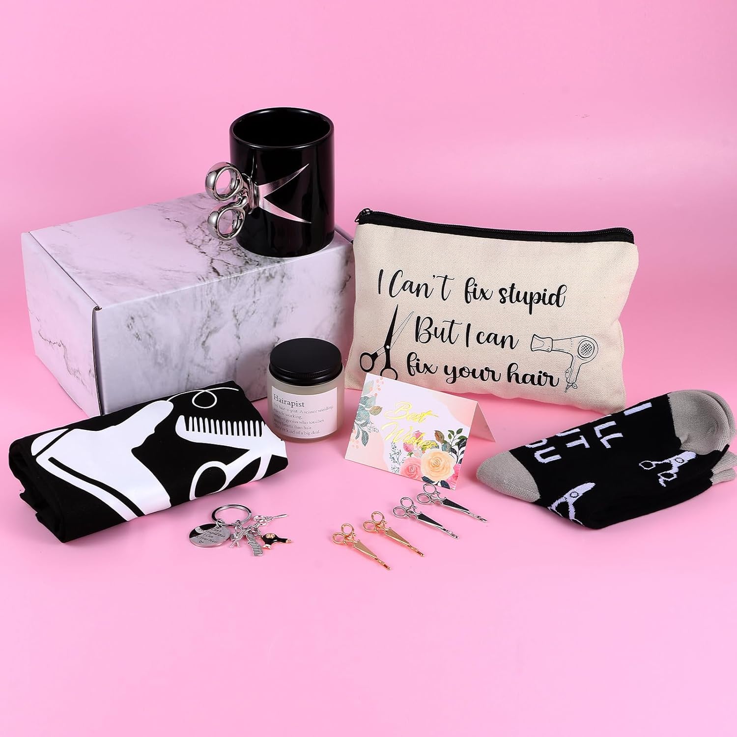 10 Pieces Hairdresser Gifts Set for Women Christmas Gifts Hair Stylist Appreciation Gift Set with Tumbler,Socks,Makeup Bag,Keychain,Candle,Scissor Hair Clips,Apron,Greeting Card (Mug Cup) - Image 6