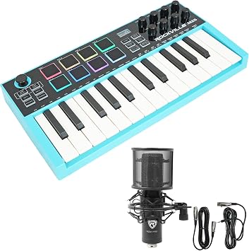 Rockville M25 25-Key Bluetooth MIDI Keyboard Controller with RCM PRO Mic | 7-8 Hour Rechargeable Battery, USB/Bluetooth/3.5mm MIDI, 8 RGB Pads, Arpeggiator, Condenser Microphone, 2-Items