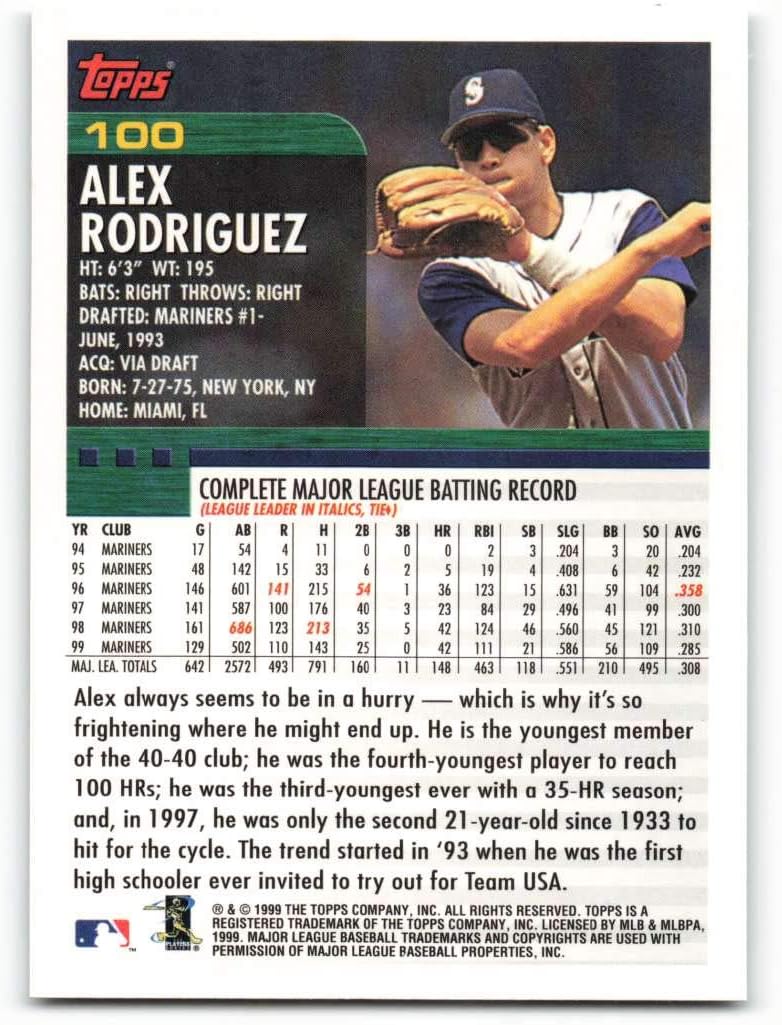 2000 Topps #100 Alex Rodriguez NM-MT Seattle Mariners Baseball