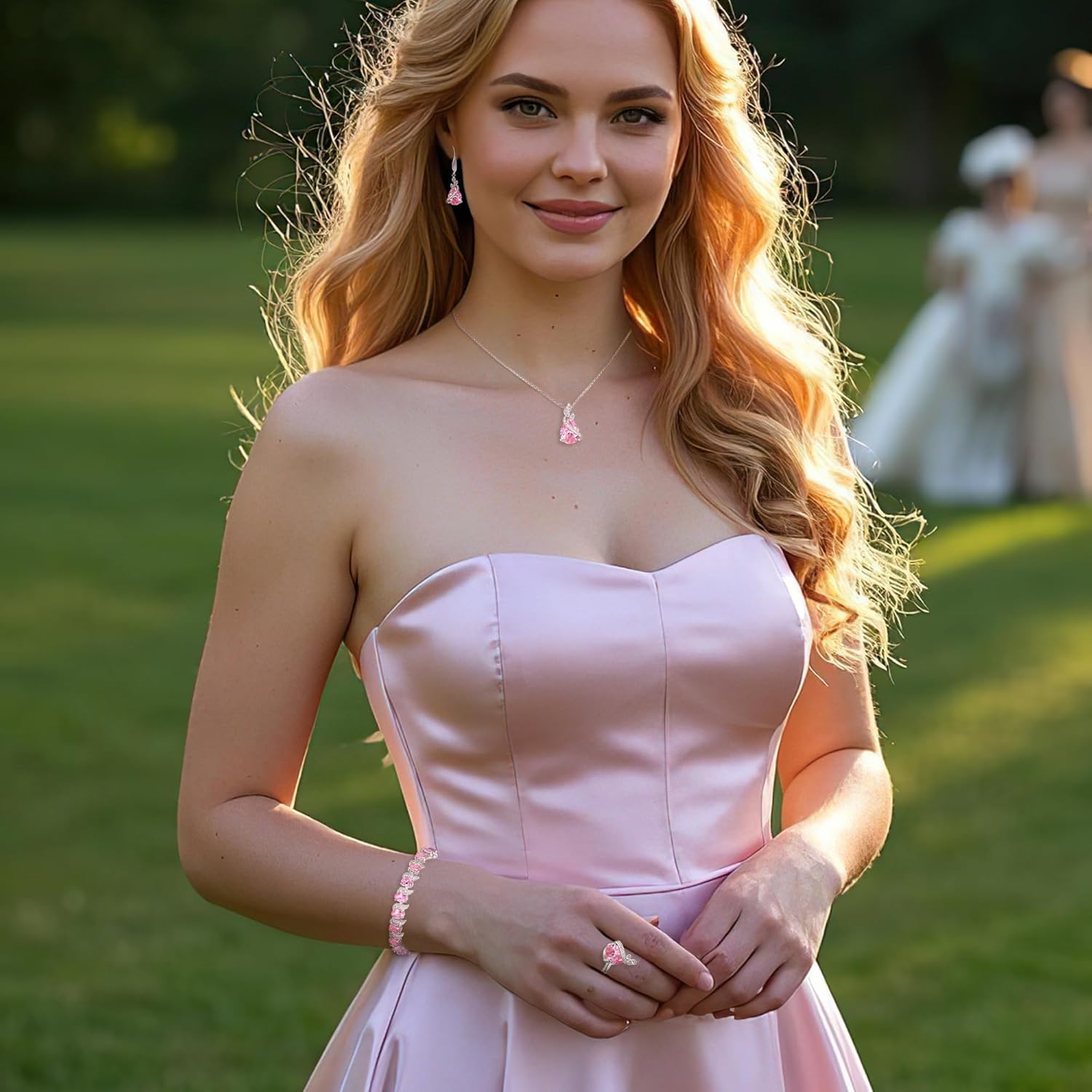 BriLove Jewelry Set for Bride, Sparkling Water Drop Cubic Zirconia Crystal Pendant Necklace Leverback Earrings Tennis Bracelet Adjustable Ring Gift for Wedding/Birthday/Mother's Day/Christmas - Image 4