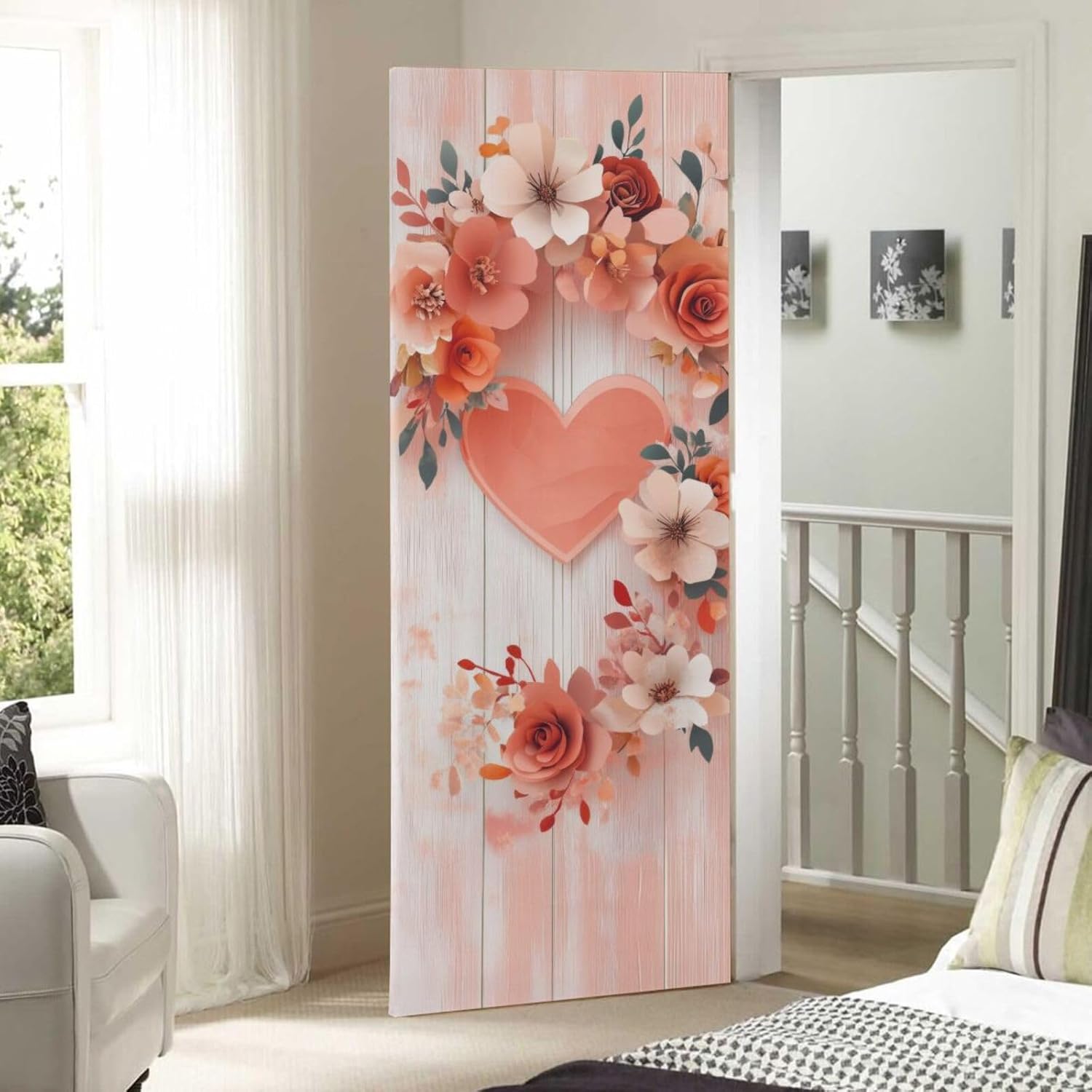 Burbuja Valentine Flower Heart Door Cover, Stretch Fabric Backdrop Door Porch Covers for Home Party Holidays Decoration, 35x79 In