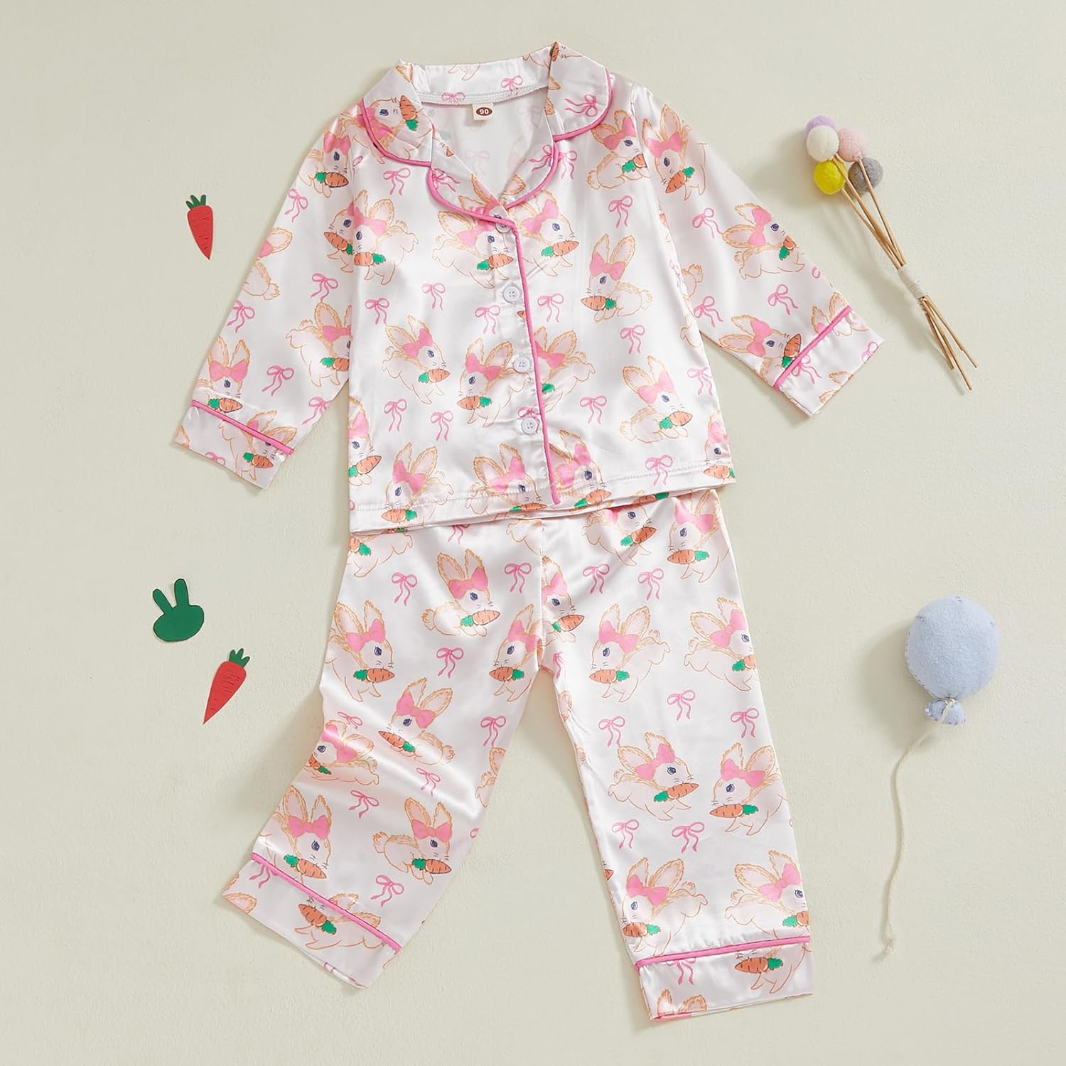 Kids Toddler Girl Easter Pajamas Bunny&Floral Button Up Ruffle Shirts Pants Little Girls Easter Satin Silk Pajama Set - Image 3