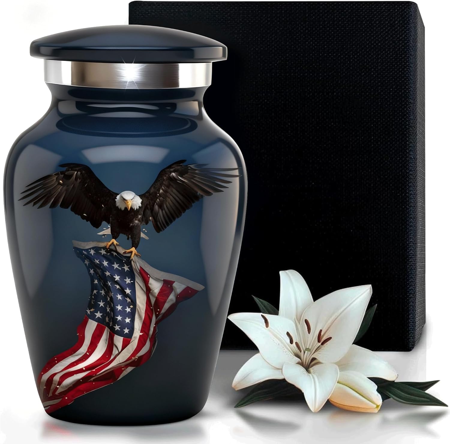 Solace Forever Small Urns for Human Ashes - Patriotic Eagle with US Flag Design - Mini Urn Keepsake Memorial for Men and Women - Handcrafted Remembrance Urn for Ashes (Black, Set of 1)