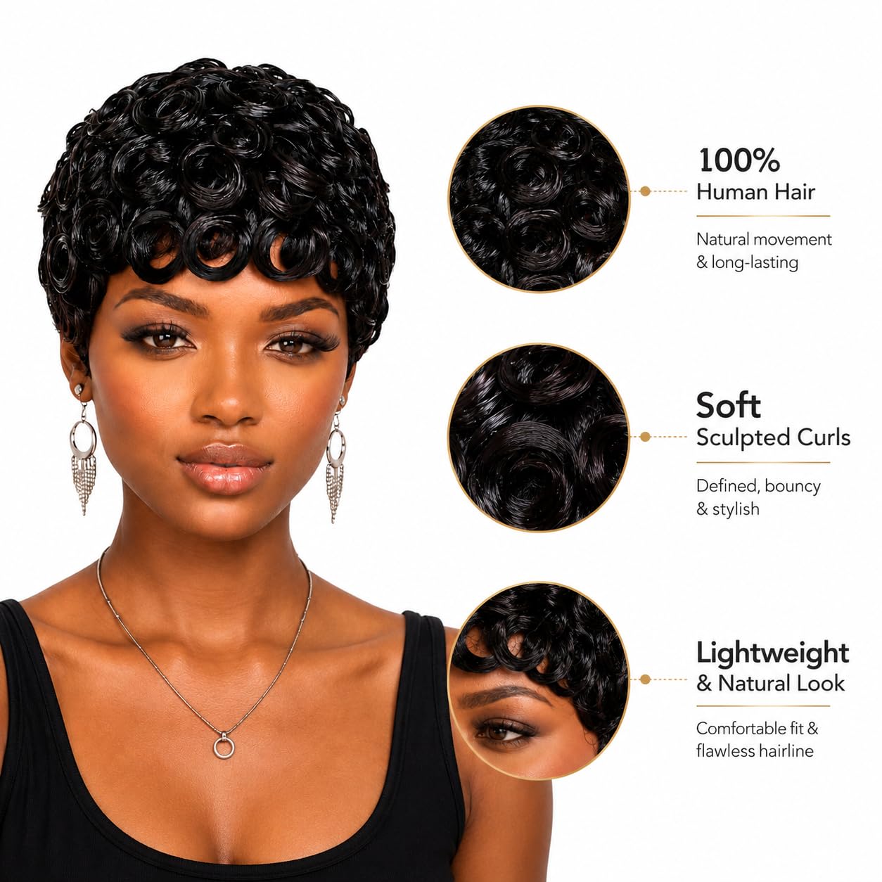 Pixie Cut Wig Human Hair For Black Women 100% Real Glueless Human Hair Wig Natural Black Curly Human Hair Pixie Cut Wig