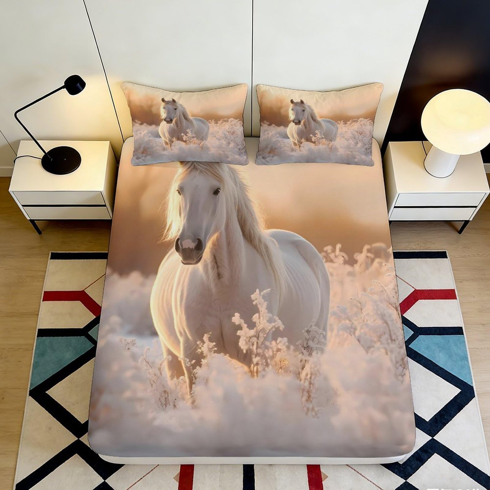 3D Printed Horse Pattern Fitted Sheet Microfiber Non-Slip Deep Pocket Bedroom Bedding Horse Mattress Fitted Cover for Adults Teens 120x200x25cm
