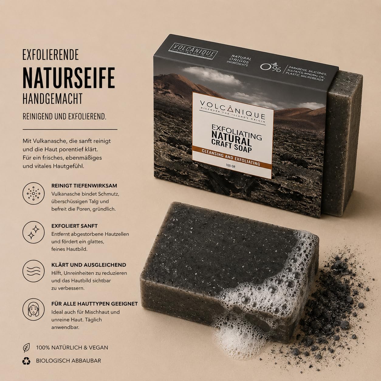 Volcanique® Naturkosmetik Set mit Vulkanasche | Vegane Inhaltsstoffe, Anti-Aging und Akne Pflege, Nachhaltige Wirkstoffkosmetik, Made in Spain
