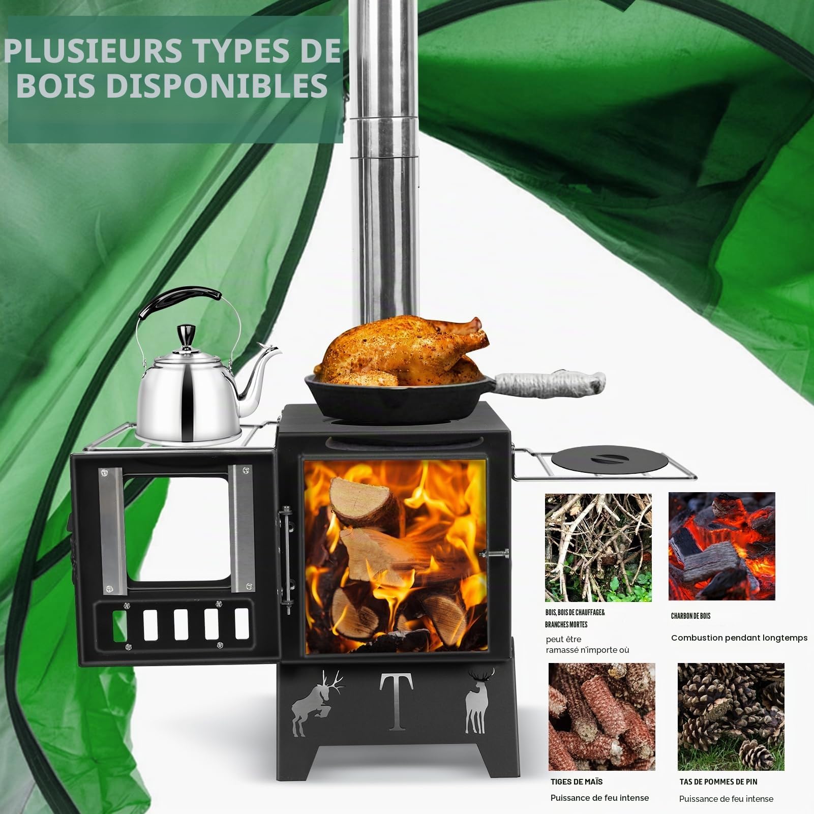 Réchaud à bois portable pour tente de camping, poêle à bois portable, réchaud de tente pour chauffage, brûleur de camping pliable avec tuyaux 1 ensemble