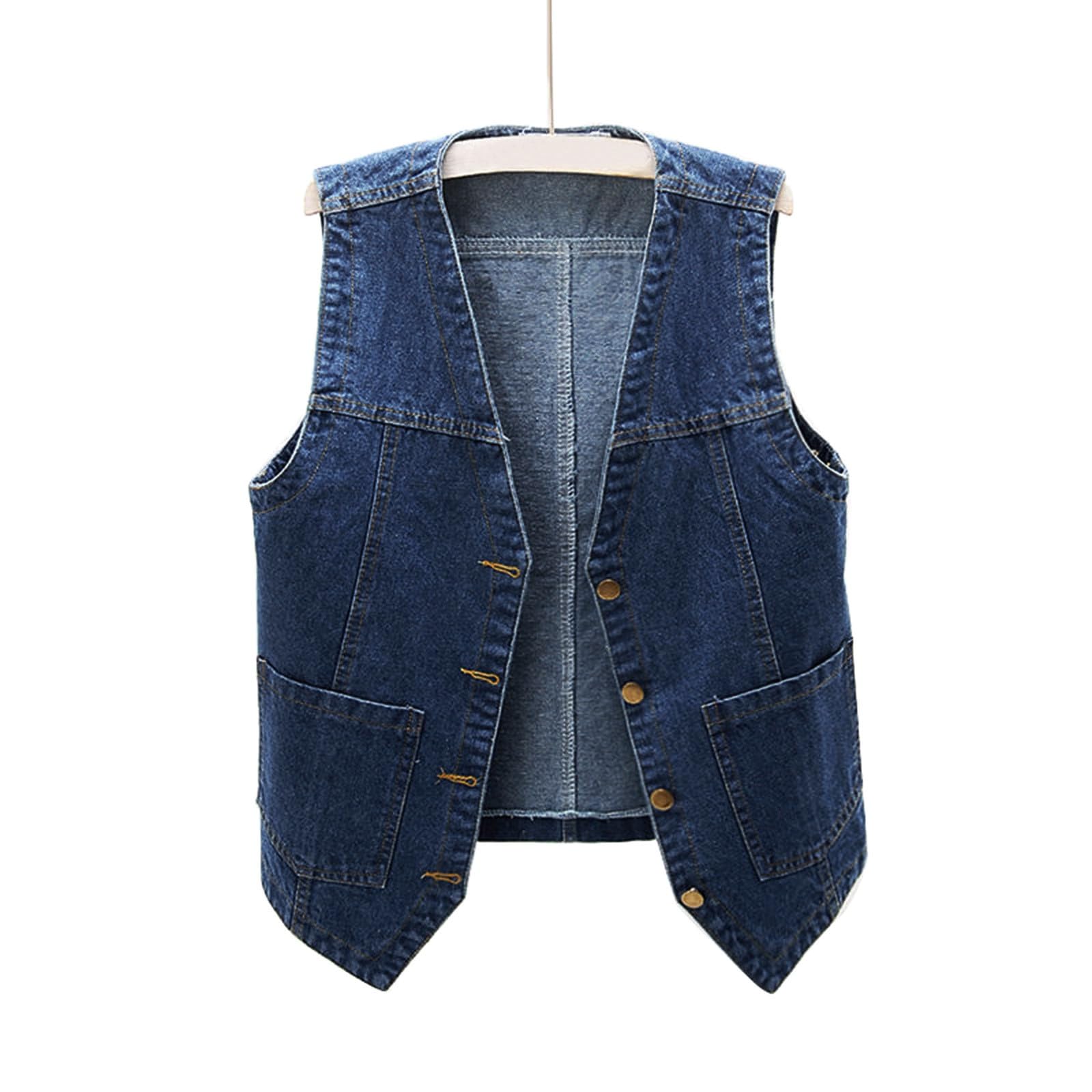 Gilet in jeans da donna senza maniche con scollo a V, abbottonatura, robusto tessuto denim per look casual, ideale da abbinare con abiti estivi o camicette, lavaggio classico con segni sobri