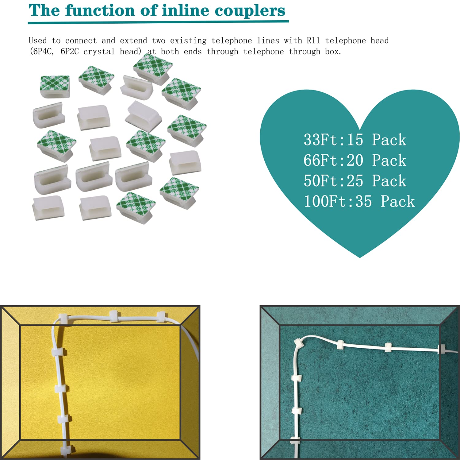 Phone Extension Cord50Ft, Phone Cord ，Telephone Cable with Standard RJ11Plug and 2 in-Line Couplers and 20 Cable Clip Holders, White (White, 50 Feet) : Electronics