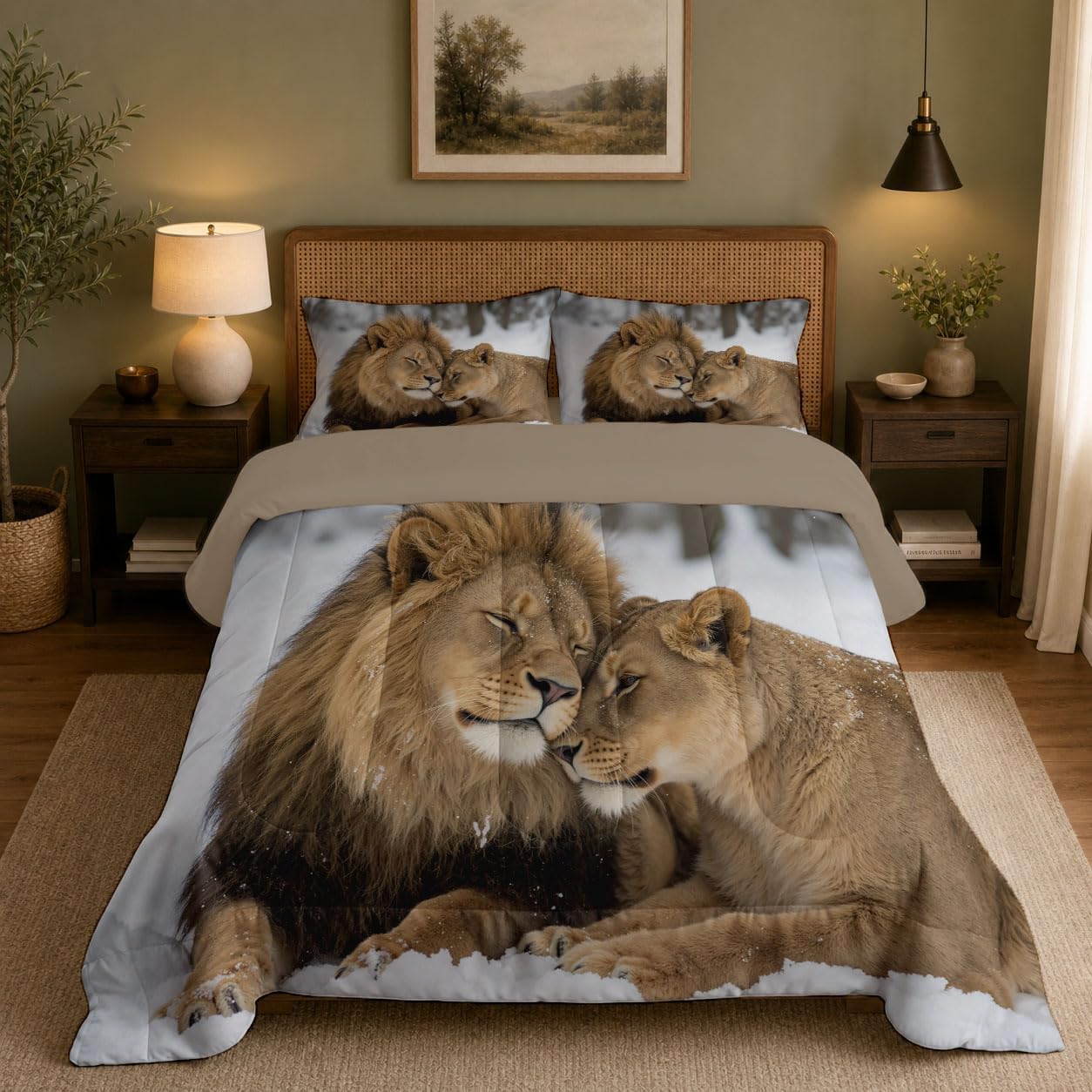 Wild Animals Comforter Set King Size, Intimate Lion Bedding Set for Girls Boys, Light Brown Quilt Bed 104"X90" Bedding Comforter Sets with 2 Pillowcase Room Decor