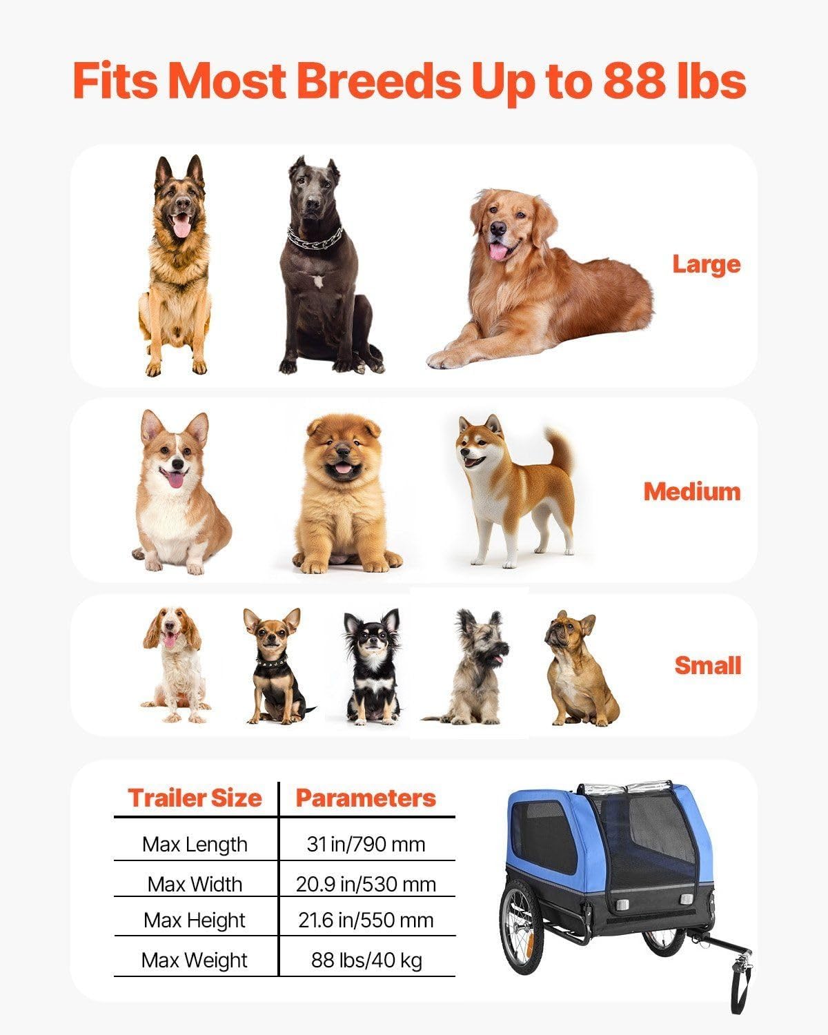 Dog Bike Trailer, 88 lbs Capacity Pet Bicycle Carrier with Universal Coupler, Easy Folding Frame & Quick Release Wheel, for Small Large Dogs, with Safety Leash, Reflector