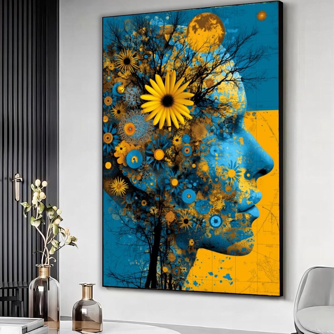 YUSUZHU Floral Portrait Canvas, Blue Yellow Face Wall Art, Nature and Human Fusion Decor, Artistic Botanical Canvas, Home Decor(80x120cm/Frameless)