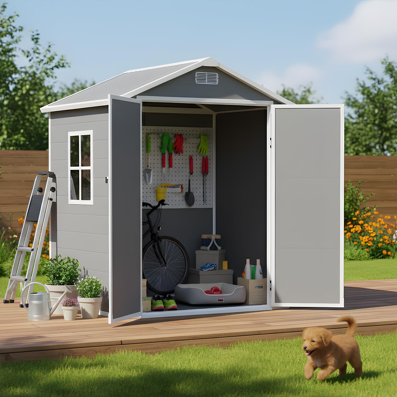 LARBANKE Caseta de jardín resistente a la intemperie, 4,11 m³, plástico, 183 × 143 × 201 cm, caseta con suelo y techo, cobertizo con puerta con cerradura, ventilación, ventana y rampa, para jardín
