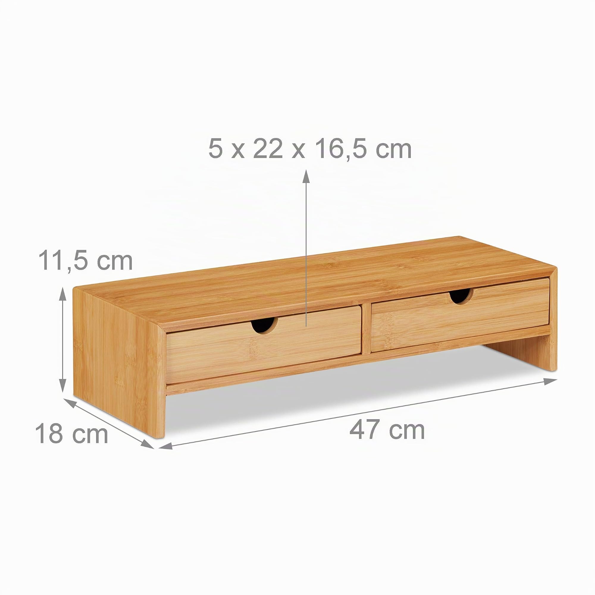 Relaxdays Tavolino per PC in bambù, Rialzo per Monitor con 2 Tiretti, da Scrivania, HLP 11,5 x 47 x 18 cm, Color Legno