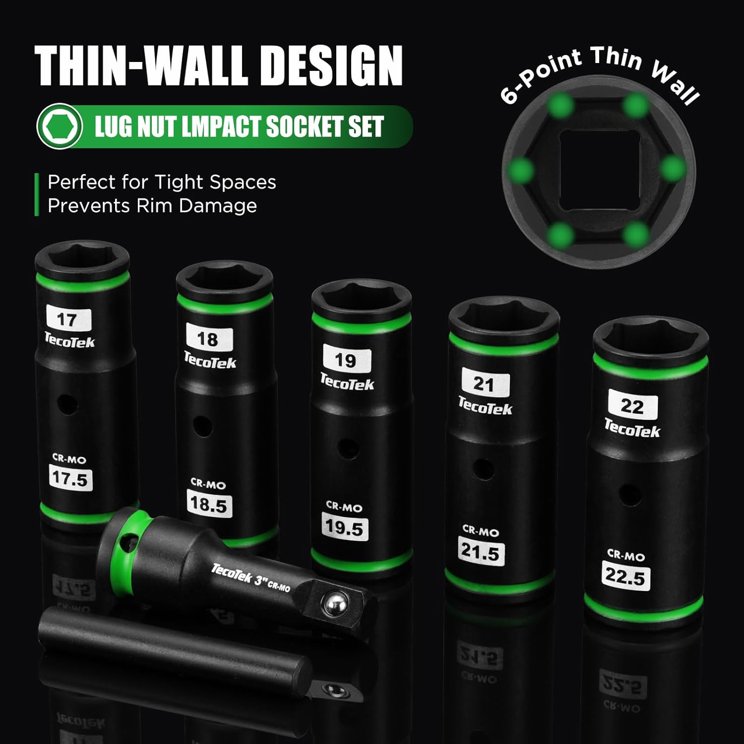 TecoTek 7PCS Lug Nut Socket Set, 1/2” Impact Thin Wall Flip Socket, Half Size Wheel Socket Set, Metric, 6 Point, 3" Extension Bar & Knockout Bar, 17.5mm, 18.5mm, 19.5mm, 21.5mm, and 22.5mm