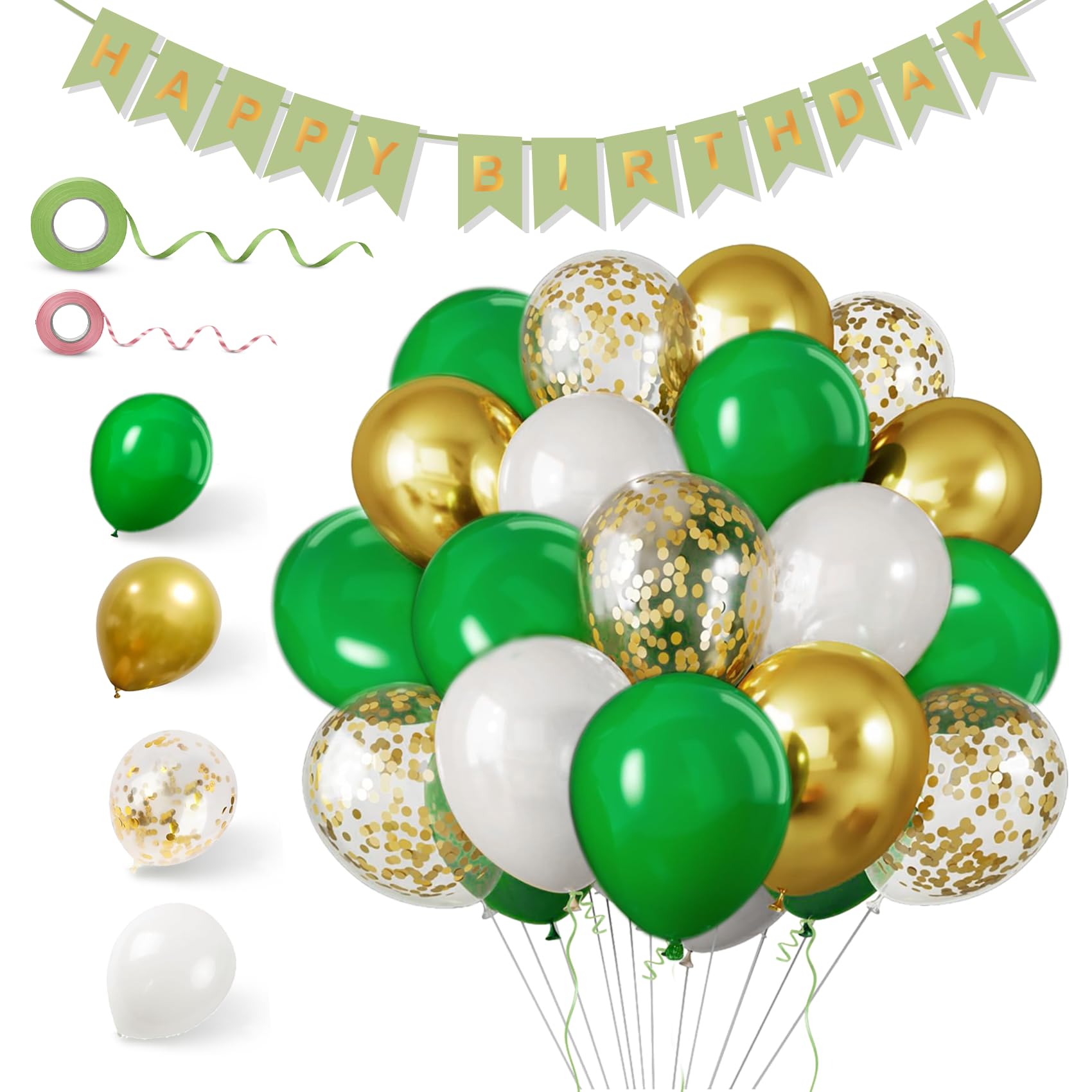 TYGA Green Balloons, 12 Inch, 16 Pack + 3, Green, Pink Ribbon with Happy Birthday Banner - Strong Thicken Latex Birthday, Assorted Multicoloured White, Gold, Confetti Balloons - Perfect for Party