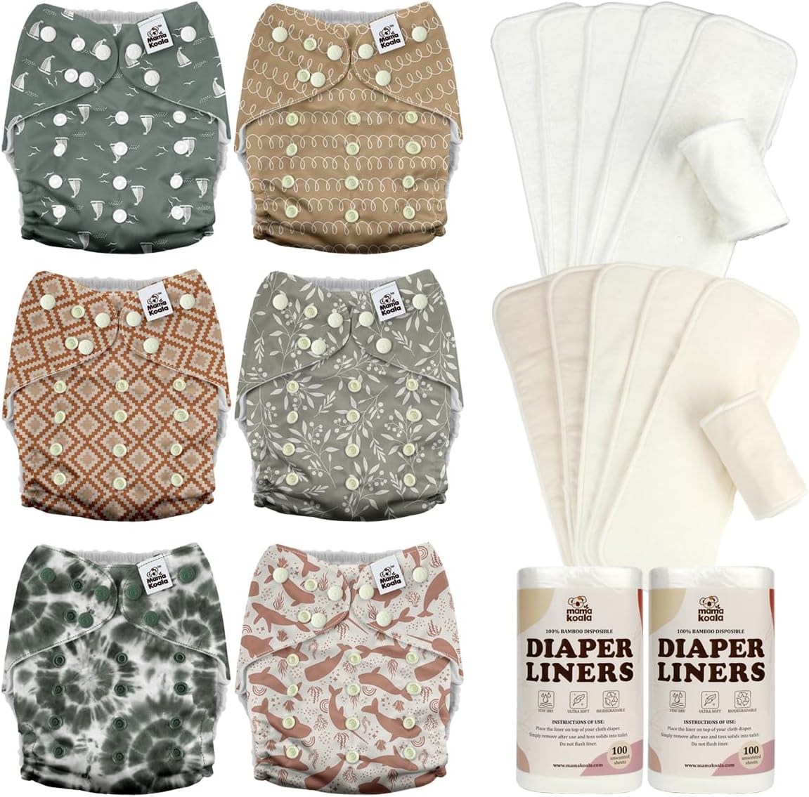 Mama Koala 3.0 Baby Cloth Diapers with 6 Inserts Bundle, with 6pcs 6-Layer Bboo Hemp Cotton Inserts, and 2 Rolls Natural Liners