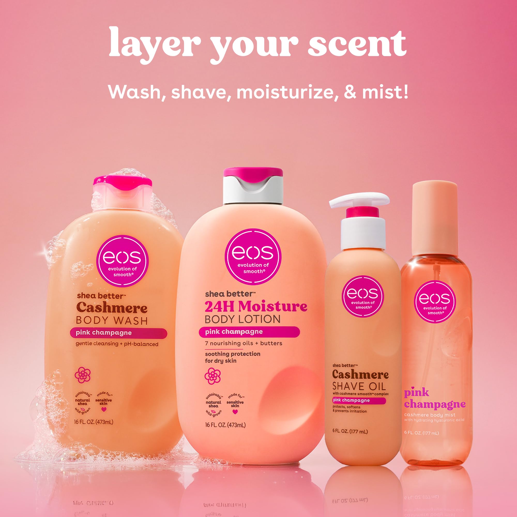 eos Cashmere Shave Oil – Pink Champagne Feuchtigkeitsspendendes Rasieröl · Mit Sheabutter & Glycerin · Für empfindliche Haut · 177 ml (6 fl oz)
