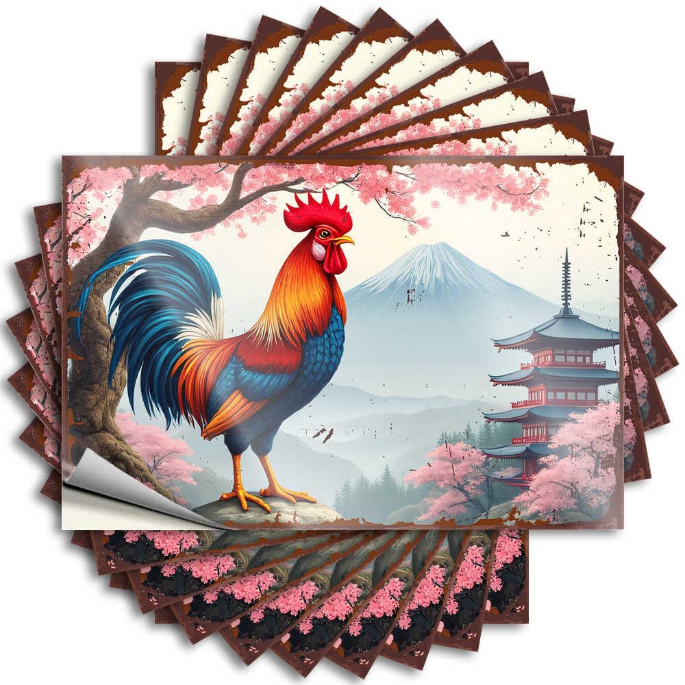 Sticker Custom Stuff for Bedroom Cover Colorful Rooster Amidst Cherry Blossoms and Japanese Pagoda - No Residue Decals for Sand(8X12CM)