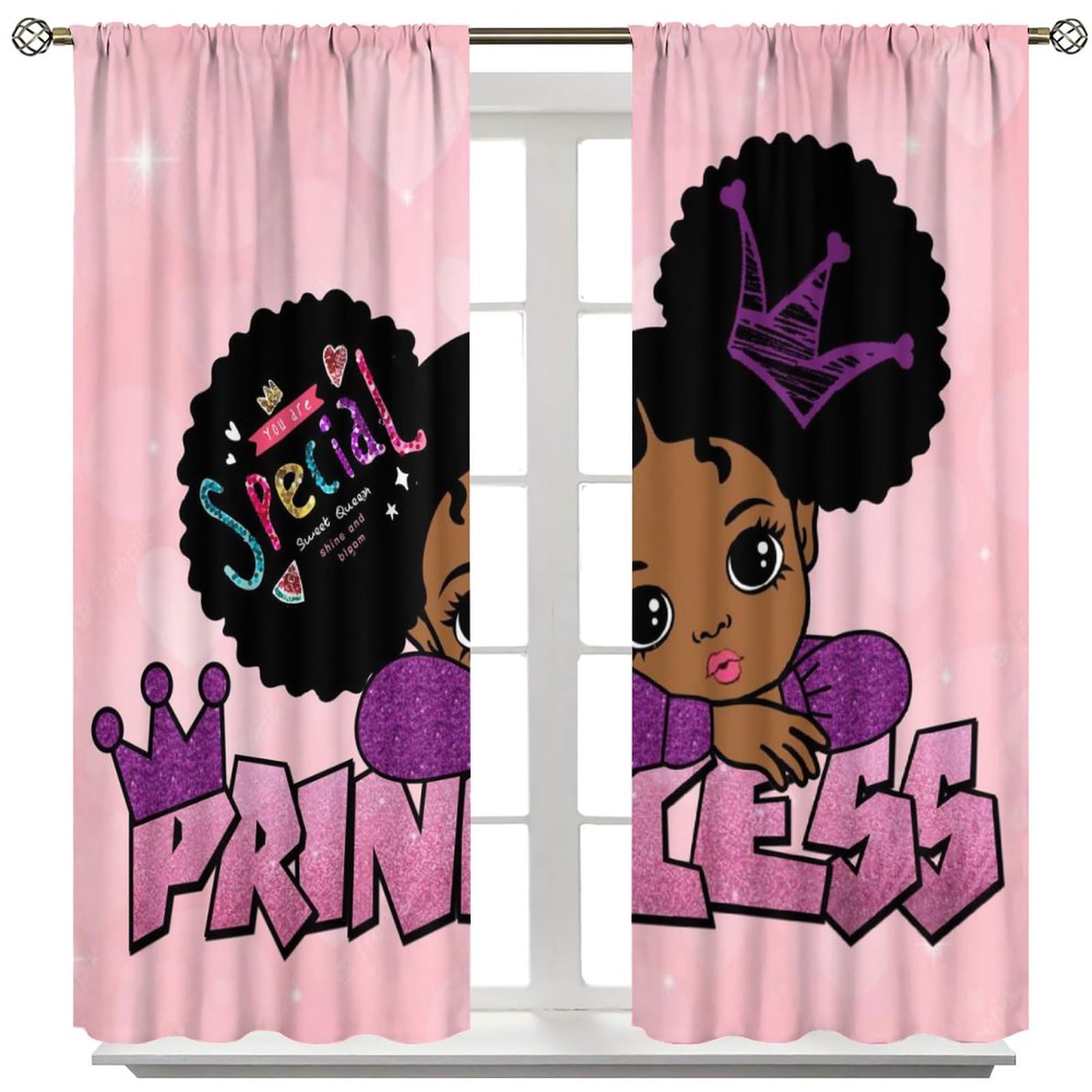 African Black Girl Kids Curtains,Princess Black Girl Window Treatments for Bedroom, Cute Girl Ballerina Dancer Pink Curtains 2 Panel Sets,42x45 Inch Decor
