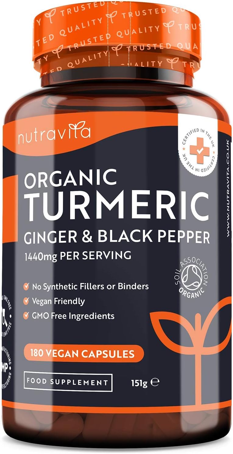 Nutravita Organic Turmeric Curcumin 1440Mg With Black Pepper & Ginger 180 Vegan Turmeric Capsules High Strength (3 Month Supply) Certified Organic By Soil Association Made In The Uk