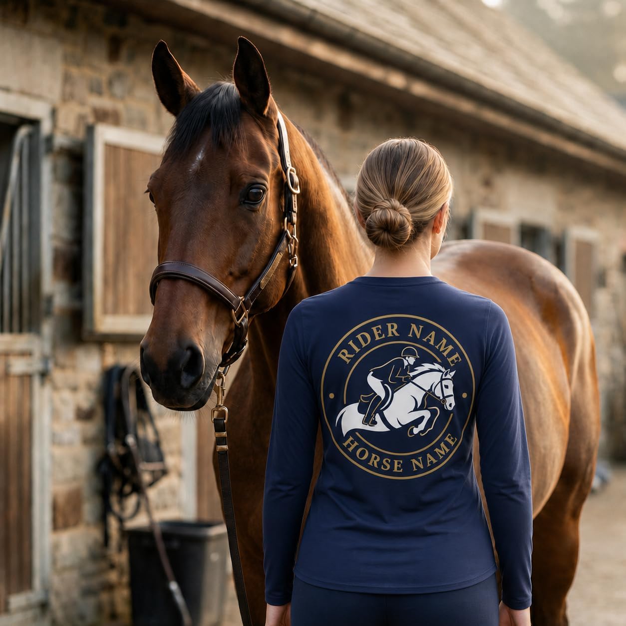 Custom Equestrian Long Sleeve Shirt, Printed Horse Name Crest Design